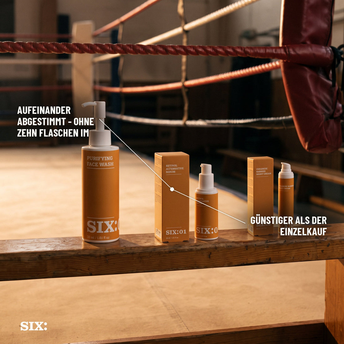 6:PM Abendroutine-Set in der Ecke eines Boxrings – Hautpflege im Schichtdienst
