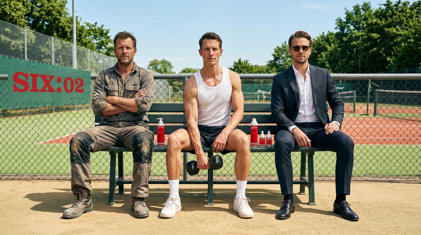 Drei Männer auf einer Bank am Sportplatz – Handwerker, Sportler und Business-Mann – mit SIX:AMPM Gesichtspflege für Männer, die viel schwitzen