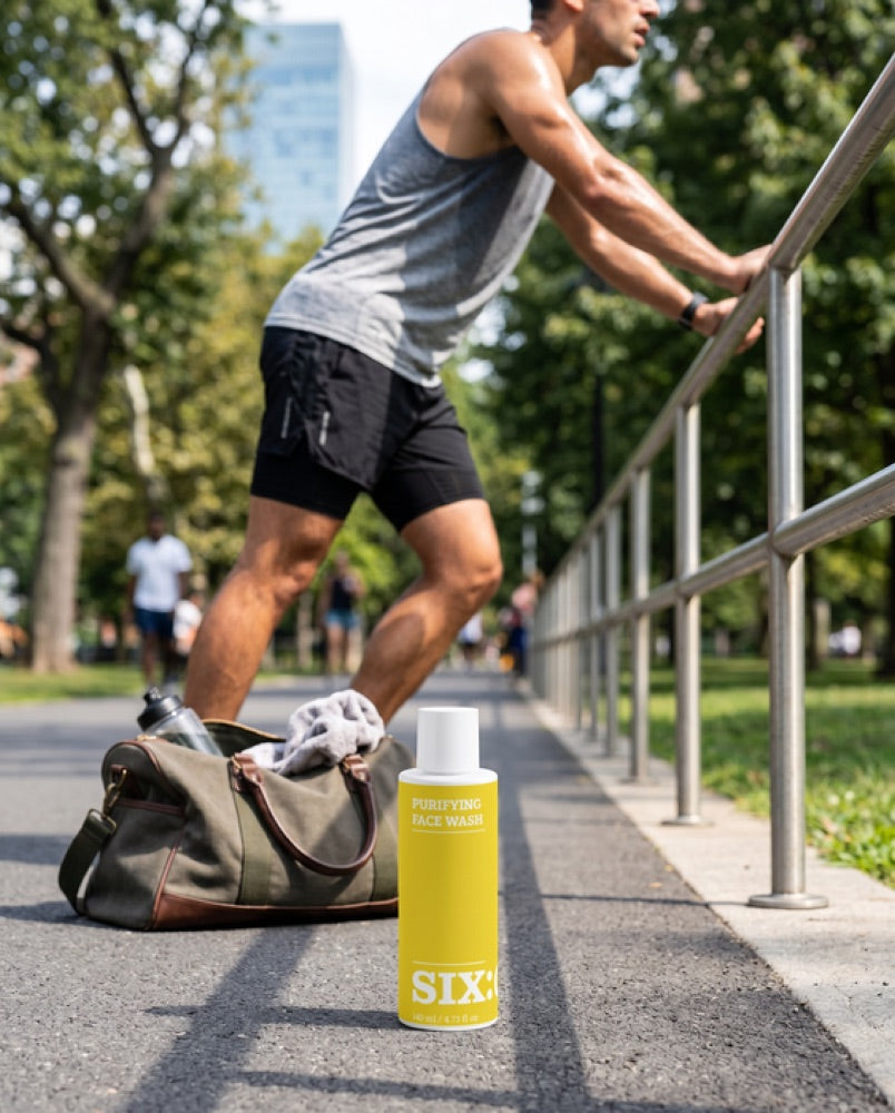 Läufer beim Dehnen mit SIXAMPM Purifying Face Wash – komplette Pflegeroutine für Männer